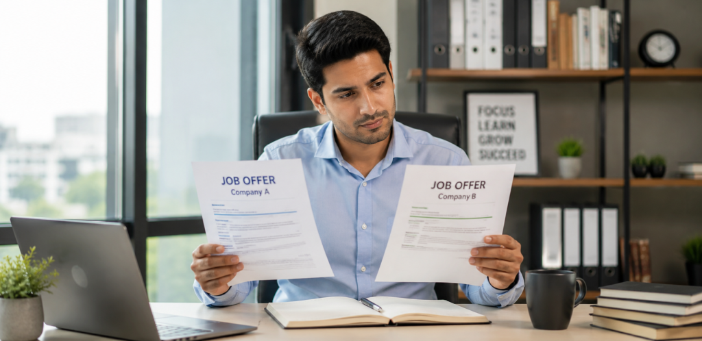 Pick the Right First Job
A professional sits in a modern office, carefully reviewing two job offer letters while comparing career opportunities. A notebook, coffee mug, books, and office shelves create a realistic workplace setting, highlighting the decision-making process involved in choosing between multiple job offers.