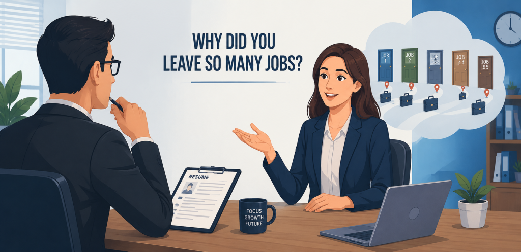 Answer "Why Did You Leave So Many Jobs?"
Animated illustration of a confident job candidate honestly explaining multiple job changes during a professional interview, while the interviewer listens attentively in a modern office, representing career growth, transparency, and thoughtful career decisions.