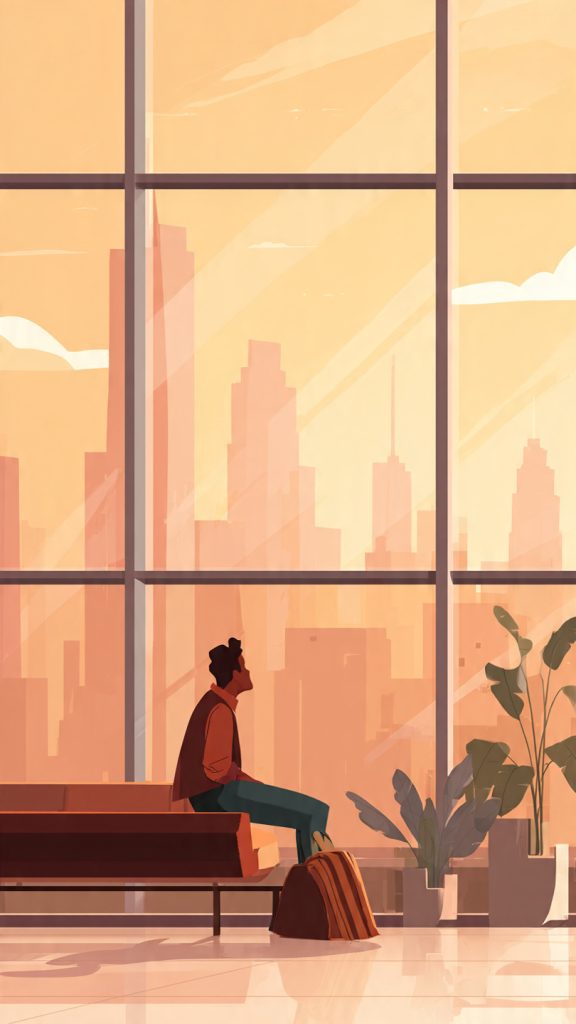 Job Search Anxiety
Animated illustration of a job seeker sitting thoughtfully in a bright room, looking hopeful about future career opportunities. Warm sunlight streams through a large window overlooking a city skyline, creating a calm and optimistic atmosphere. The scene conveys resilience, patience, and determination during the job search journey, with a modern, colorful cartoon style.