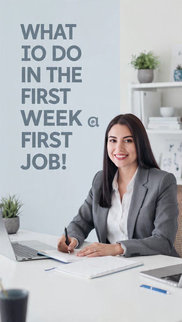 First Week at Your First Job
A professional young woman sits at a desk in a bright modern office during her first week at a new job. She is writing notes in a notebook while smiling confidently. A welcome folder, laptop, coffee mug, office plants, and motivational décor create a positive workplace atmosphere. Large text on the left reads, "What to Do in the First Week at Your First Job." The image conveys learning, growth, and a successful start to a professional career.