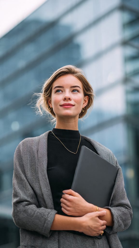 Find Internships at Big Companies
A young professional woman stands confidently outside a modern corporate office building, holding a portfolio folder. The glass-fronted building and urban business environment in the background create a professional atmosphere, representing ambition, career growth, and internship opportunities at large companies.