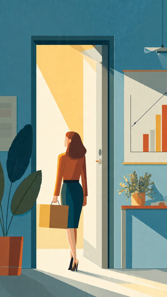 Exit a Startup
A professional office scene showing a startup employee leaving for a new career chapter after a period of company growth. The employee is walking toward an open doorway carrying a box of personal belongings, while a modern workspace with a desk, plants, and a growth chart remains behind. The image symbolizes a graceful and professional transition from a startup environment when rapid growth has ended.