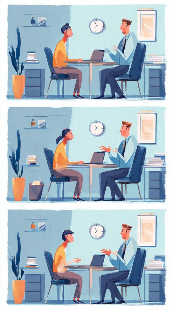 Two Interviewers Disagree in Front of You
Animated-style illustration of a job interview in a modern office. A candidate sits facing two interviewers who appear to be disagreeing during a discussion. One interviewer gestures while speaking, and the other responds with a different viewpoint. The scene includes laptops, documents, office furniture, a wall clock, and a professional workplace setting. The focus is on the interaction between the interviewers while the candidate remains calm and attentive.