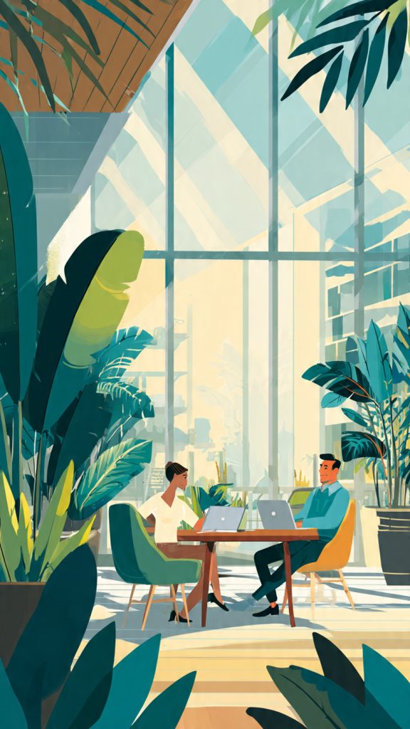 Stay Visible to a Manager
Animated-style illustration of a professional employee having a productive conversation with their manager in a modern office. The scene features a bright workspace, large windows, indoor plants, and a collaborative atmosphere, symbolizing visibility, communication, and career growth in a hybrid work environment. Wide banner format (1600×778) with a clean, professional, and engaging design