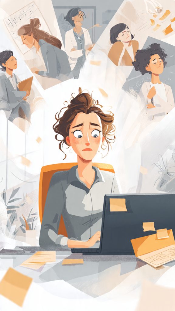 Signs of Career-Related Burnout
Animated banner illustration showing a stressed office professional sitting at a desk with a laptop, paperwork, and sticky notes in a modern workplace. The character appears mentally exhausted and overwhelmed, symbolizing career-related burnout. Around the central figure are visual scenes representing common burnout symptoms such as fatigue, low motivation, irritability, difficulty concentrating, reduced productivity, emotional detachment, physical discomfort, poor work-life balance, negativity, and job dissatisfaction. The overall design uses professional workplace imagery and soft colors to emphasize the importance of recognizing burnout early and prioritizing well-being.