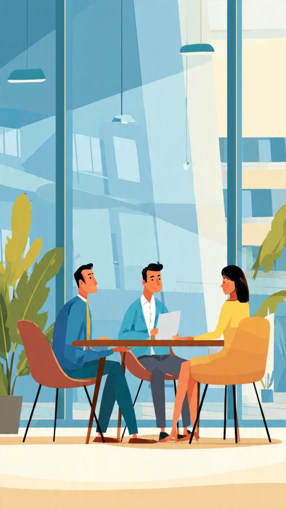 Spot Potential Over Pedigree
Animated illustration of three professionals in a modern office during a job interview. Two recruiters are speaking with a candidate across a meeting table in a bright, welcoming workspace, highlighting a hiring process focused on skills, potential, and professional growth.
