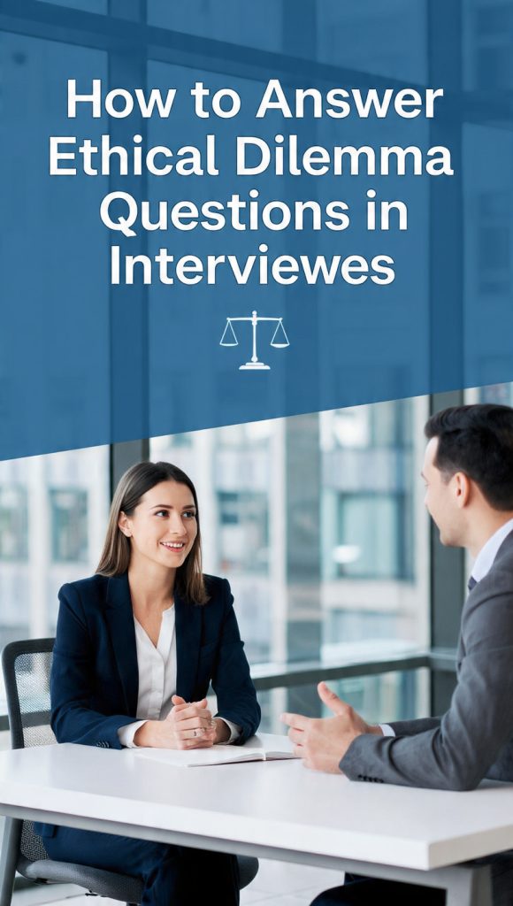 Answer Ethical Dilemma Questions
A professional interview scene featuring a recruiter speaking with a job candidate across a desk in a modern office. Large headline text reads, "How to Answer Ethical Dilemma Questions in Interviews." The design includes a balance scale icon symbolizing ethics and fairness, with a clean blue-and-white color scheme that conveys professionalism, integrity, and thoughtful decision-making.