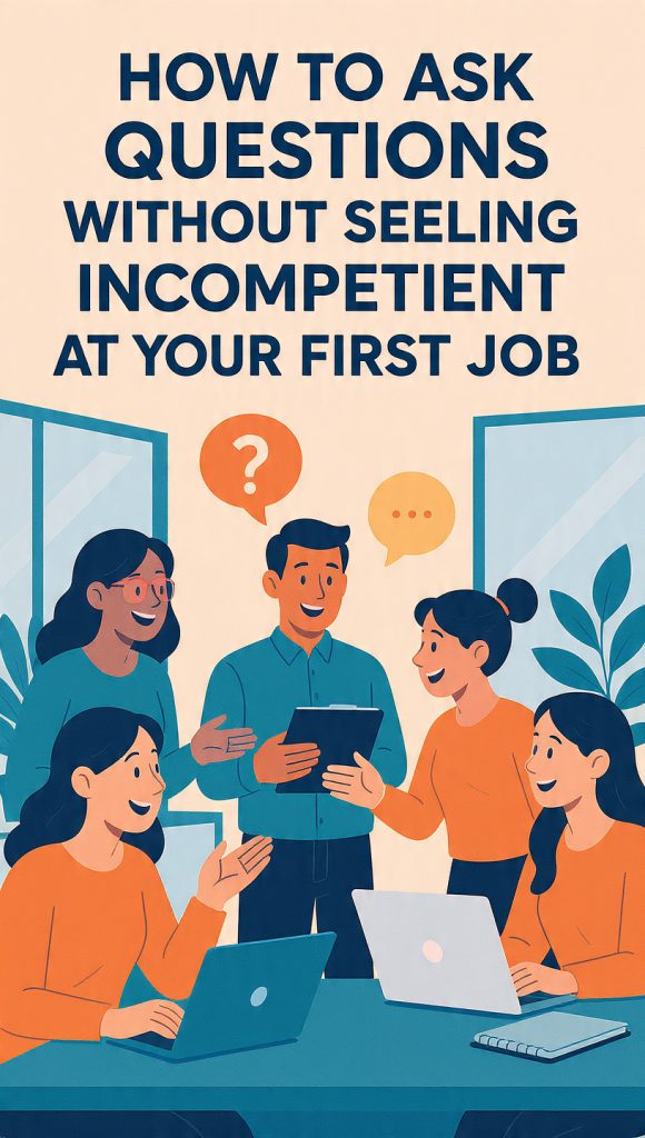 Ask Questions Without Seeming Incompetent
A colorful animated illustration of five coworkers in a modern office having a friendly discussion. A new employee is asking a question while teammates listen attentively and offer guidance, creating a supportive and collaborative workplace atmosphere. Large title text reads, "How to Ask Questions Without Seeming Incompetent at Your First Job."