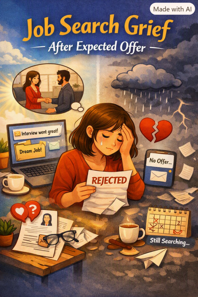 Job Search Grief
“Illustration titled ‘Job Search Grief After Expected Offer’ showing a woman sitting sadly at her desk, holding a rejected letter with a tear on her cheek. Around her are symbols of disappointment—a broken heart, a phone showing ‘No Offer,’ and a crumpled resume—contrasted with hopeful imagery on the left of a successful interview and bright sky fading into storm clouds on the right.”