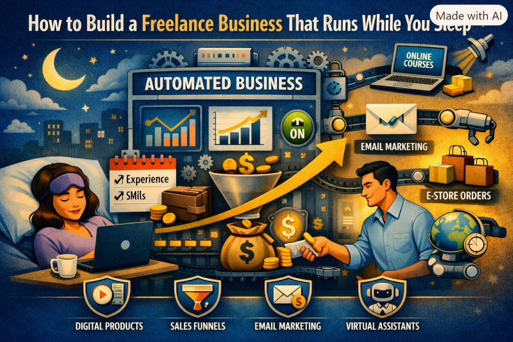 “Infographic titled ‘How to Build a Freelance Business That Runs While You Sleep.’ On the left, a woman sleeps peacefully under a night sky with a crescent moon and stars. In the center, an automated business control panel displays graphs, gears, and a conveyor belt funneling coins into a money bag. On the right, icons represent online courses, email marketing, e-store orders, and outsourcing. At the bottom, four labeled icons show digital products, sales funnels, email marketing, and virtual assistants.”