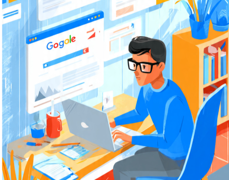 Animated illustration of a job seeker using a laptop to browse a company's careers page while searching for job openings before they appear on job portals. The scene features a Google search bar, a company careers website with "Apply Now" buttons, a checklist of target companies, and a five-step visual flow highlighting company research, checking career pages, setting Google Alerts, following recruiters on LinkedIn, and applying early. The colorful home office setting emphasizes proactive job searching, organization, and career planning.