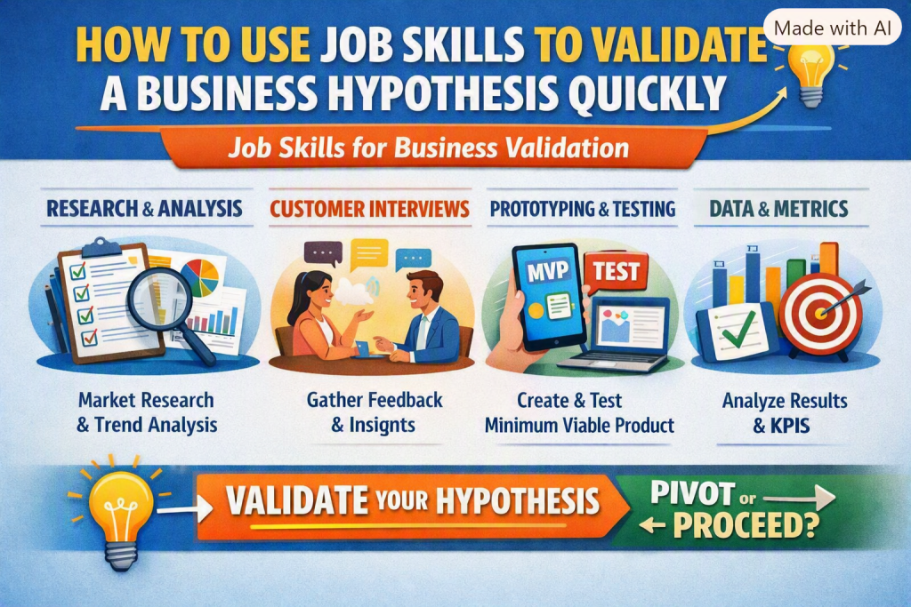 Infographic titled “How to Use Job Skills to Validate a Business Hypothesis Quickly.” It features four illustrated sections—Research & Analysis, Customer Interviews, Prototyping & Testing, and Data & Metrics—each showing tools or people performing related tasks. A banner at the bottom reads “Validate Your Hypothesis” and “Pivot or Proceed?” with directional arrows and a lightbulb icon symbolizing innovation and decision-making.